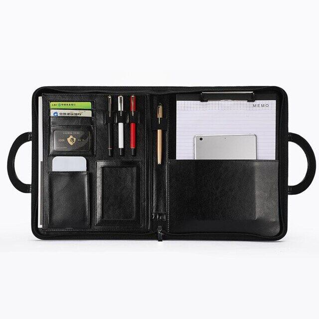 Women Business Briefcase A4 Zipper Bag Folder Leather Clip Notebook