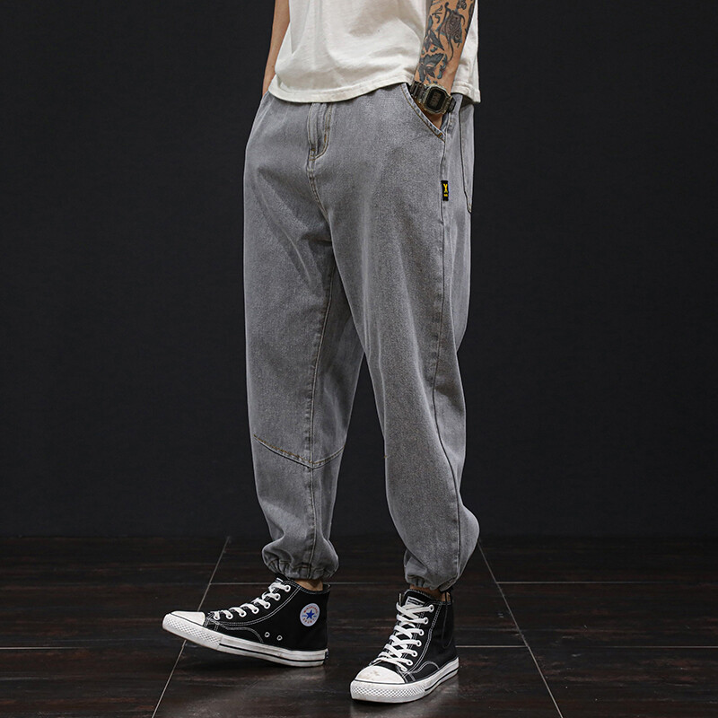 Quần Bò Jogger Ngoại Cỡ Cho Nam Quần Bố Dài Đến Mắt Cá Chân Thoải Mái Màu Xám Xanh Dương Nhạt