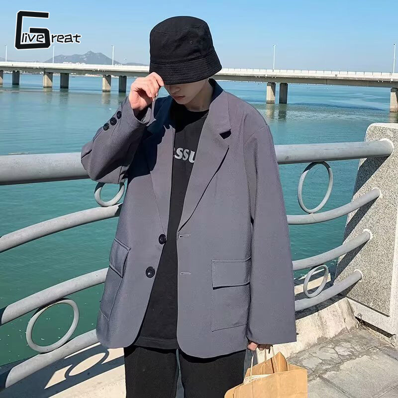 Live great áo blazer nhẹ cho nam áo blazer thường ngày dáng rộng áo khoác một hàng khuy có túi hai mặt