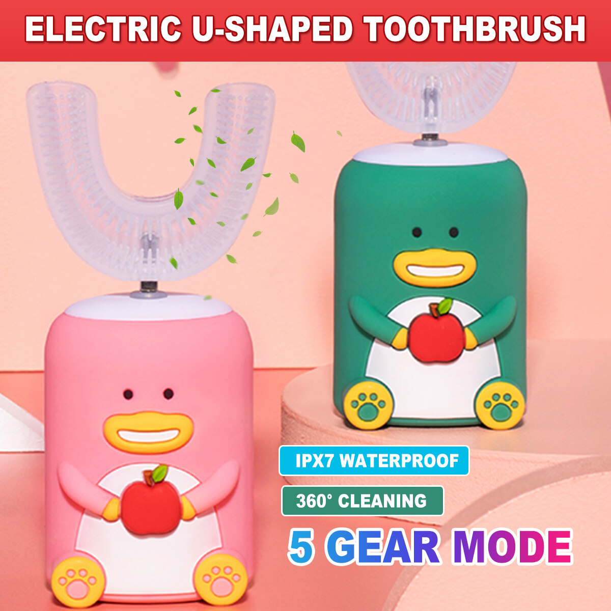 แปรงสีฟันอัลตร้าโซนิคสำหรับเด็ก,แปรงสีฟันไฟฟ้ากันน้ำ USB ซิลิโคนการ์ตูนรูปตัวยูอัตโนมัติสำหรับเด็ก
