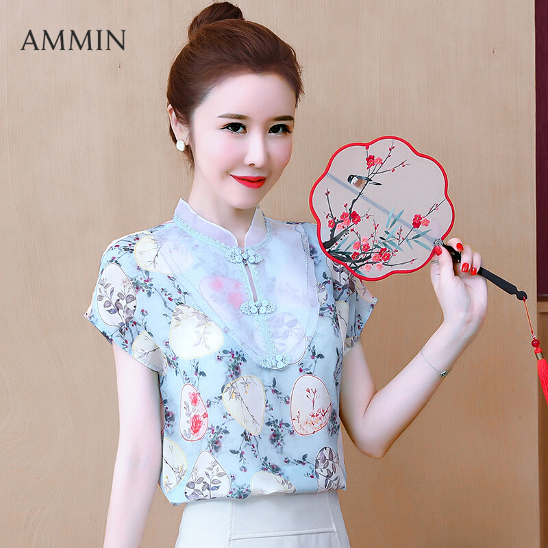 Áo Kiểu Sườn Xám Nữ AMMIN, Áo Lụa Ngắn Tay, Dáng Rộng, In Họa Tiết Cổ Đứng Kiểu Cổ Điển