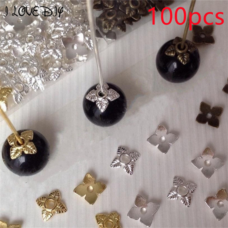 100 chiếc nắp hạt 4 lá hợp kim màu vàng bạc để làm đồ trang sức bông tai vòng tay hạt 6mm tự làm thủ công