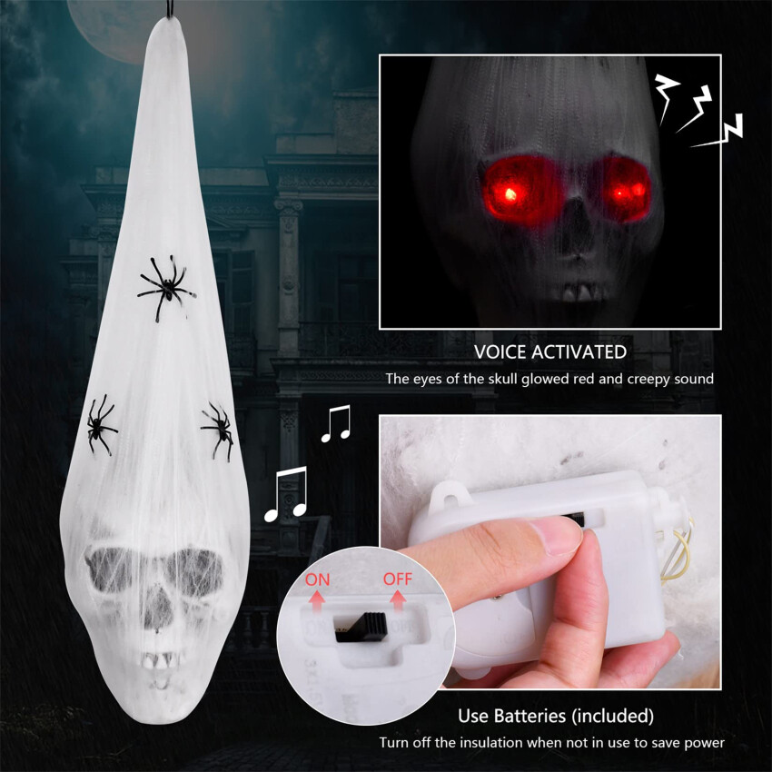 Trang trí Halloween hình đầu lâu Halloween ngoài trời Đồ trang trí và trong nhà 20 "Bộ Xương Halloween giọng nói được kích hoạt trang trí với Led mắt đỏ & Nhện giả ám ảnh trang trí nhà cửa trang trí tiệc Halloween cho nhà