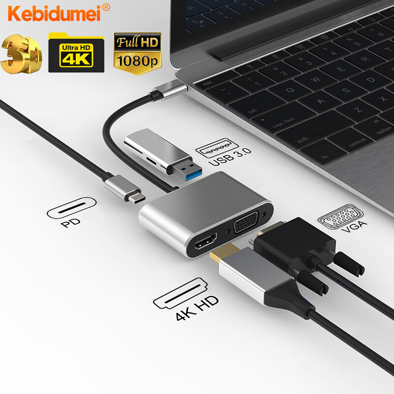 Kebidumei 4 in 1 4K Type C to HDMI-compatible Hub VGA Docking Station USB C 3.0 VGA PD Adapter