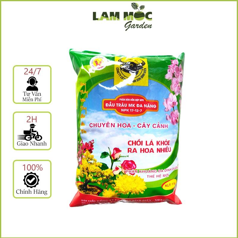 Phân bón đầu trâu đa năng 3 màu npk 17-12-7+te chuyên dùng cây cảnh, rau màu gói 1kg
