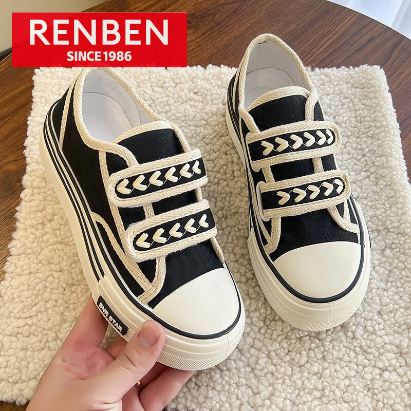  RENBEN Wheat ear canvas shoes women's new platform velcro small white shoes student athleisure board shoes 