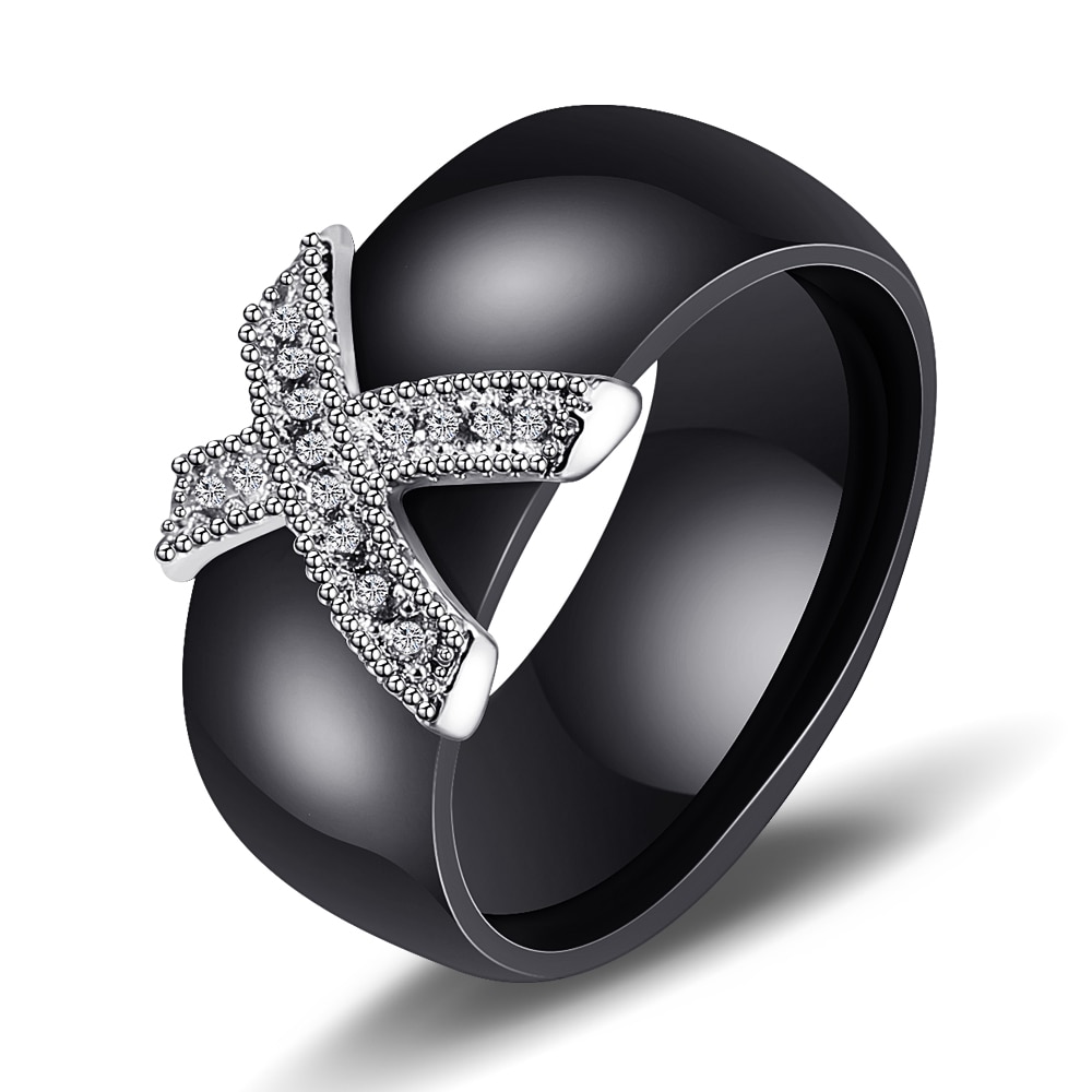 6mm White Black Ceramic Rings Plus Cubic Zirconia For Women Gold Color Stainless Steel Women Wedding Ring Engagement Jewelry