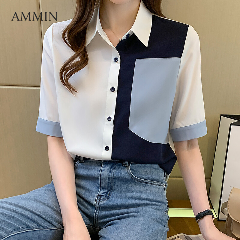 AMMIN Trang Phục Công Sở Thường Ngày Hàn Quốc Cho Nữ Áo Sơ Mi Ngắn Tay, Áo Kiểu Voan Nữ Khâu Thời Trang Mới Mùa Hè 2021