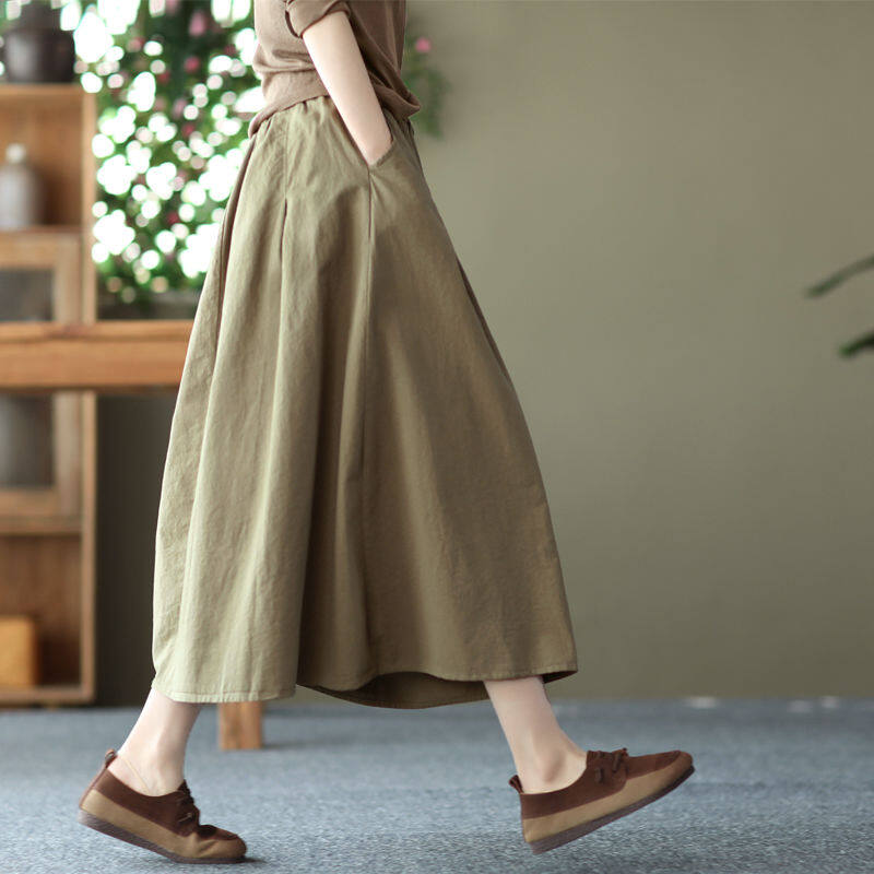 Whitetime chân váy mùa xuân/hè chân váy lửng chân váy ngoại cỡ màu trơn nghệ thuật chữ a eo co giãn cho nữ váy dù 301t0331