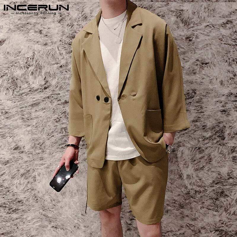 (Phong Cách Hàn Quốc) INCERUN Bộ Đồ Trang Trọng Cho Nam, Áo Khoác Blazer & Quần Đùi Có Dây Tay 3/4, Bộ Thông Minh Bộ Đồ Ăn Tối Đám Cưới