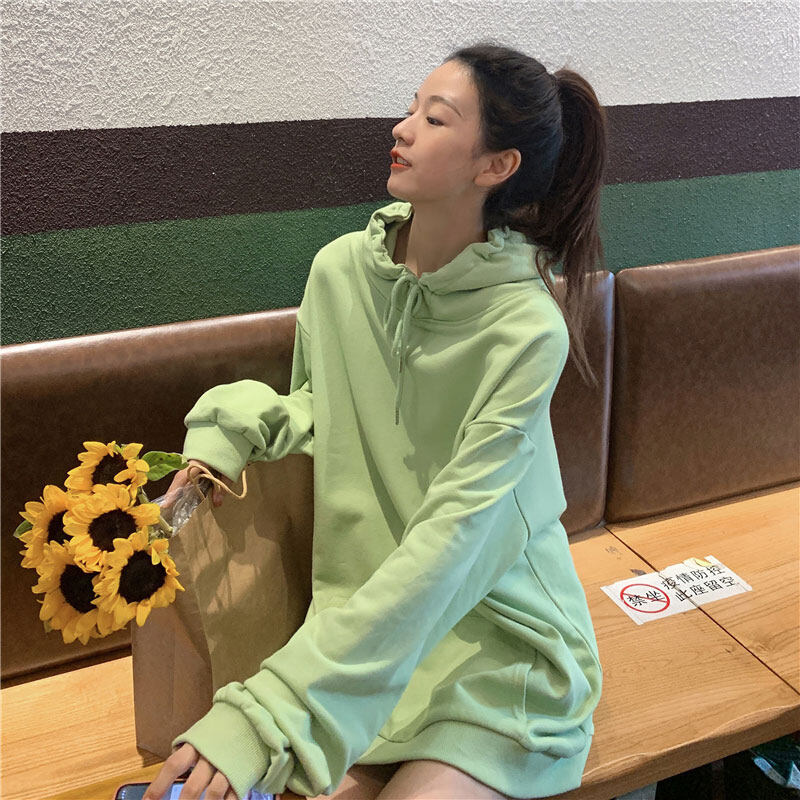 SSS Hoodies & Sweatshirts สำหรับผู้หญิงสีทึบเกาหลี Casual Hooded เสื้อกันหนาวกลางความยาวสีลูกอมเสื้อแขนยาว