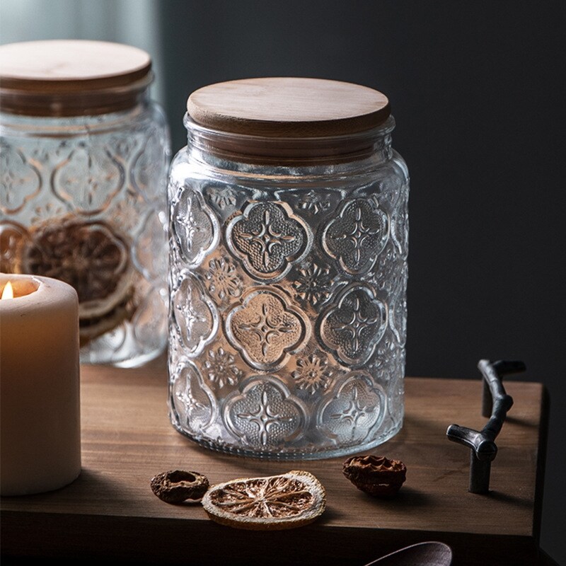 【Fire New】 Embossed Glass Sealed Jars Candy Coffee Bean Jar Spices Glass Bamboo Cover Container Food Storage Glass Jar Kitchen Can with Lid