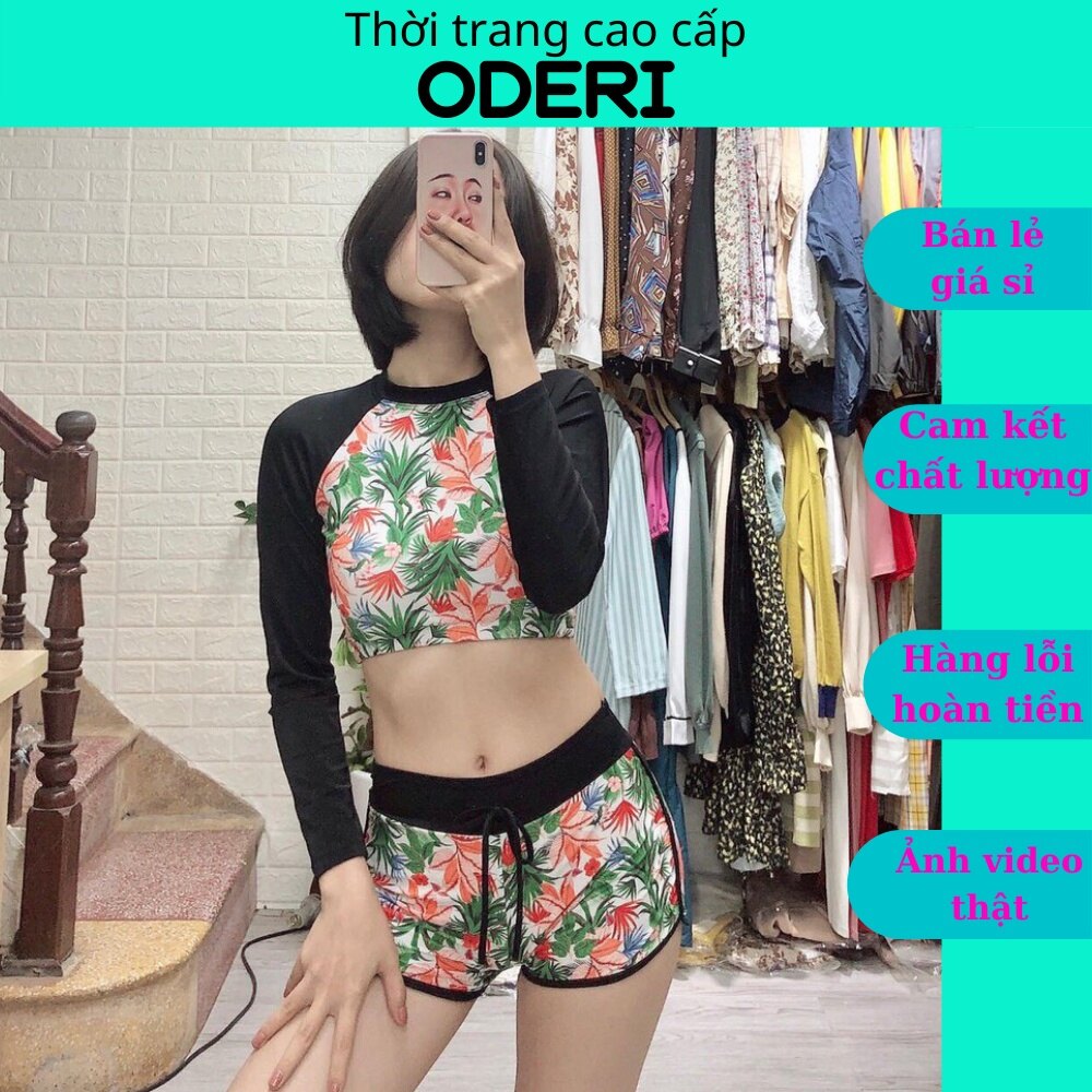 Bikini đồ bơi đi biển hai mảnh tay dài lá cam quần đùi oderi- kg311