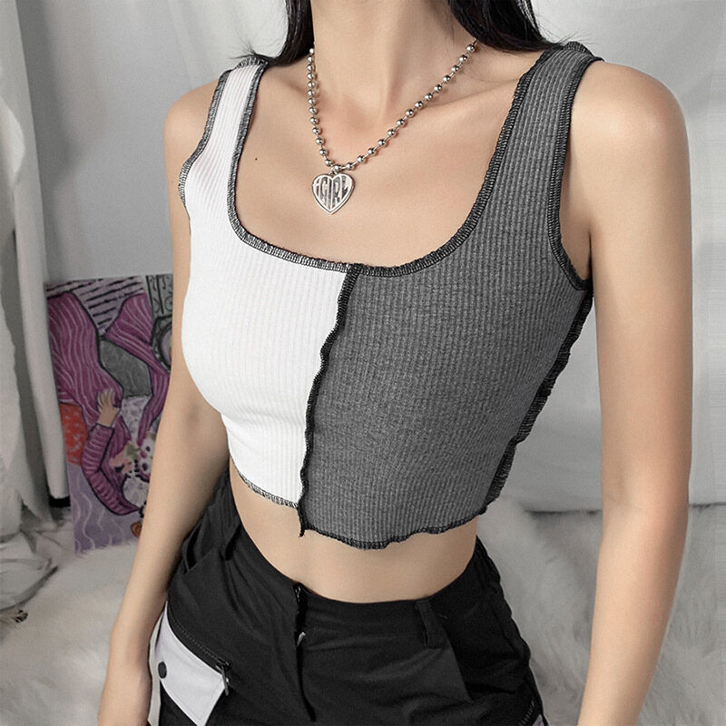 Áo Ba Lỗ Nữ Chắp Vá Khối Màu Thời Trang Áo Hở Eo Không Tay Sành Điệu Dành Cho Phụ Nữ