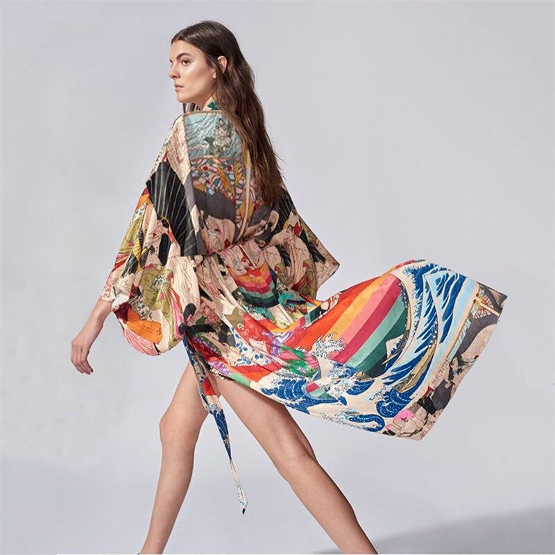Bikini in họa tiết mùa hè áo khoác kimono đi biển gợi cảm áo khoác ngoài có kích cỡ cho trang phục bơi kaftan có đai đi biển