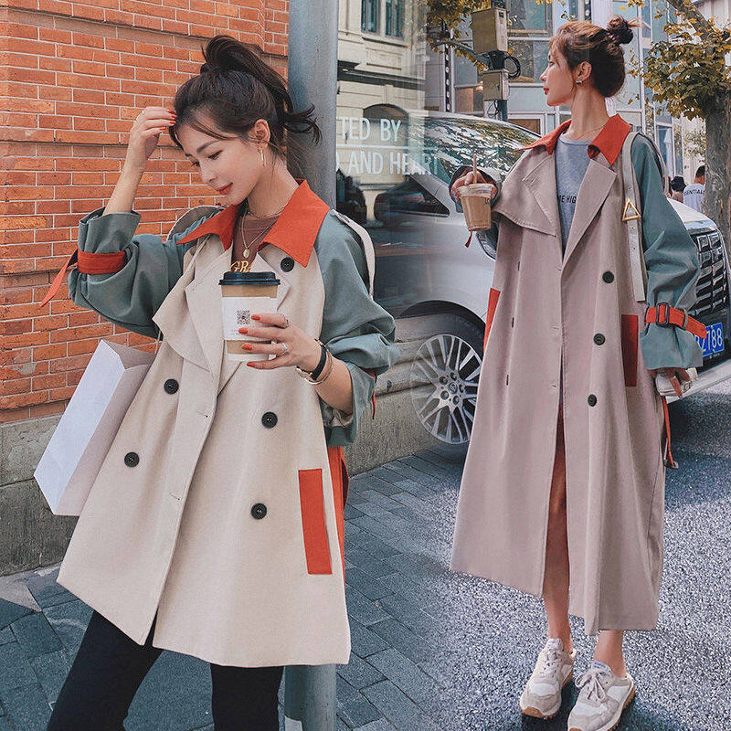 Mid-length trench coat for girls women British-style loose and versatile slim paneled coat