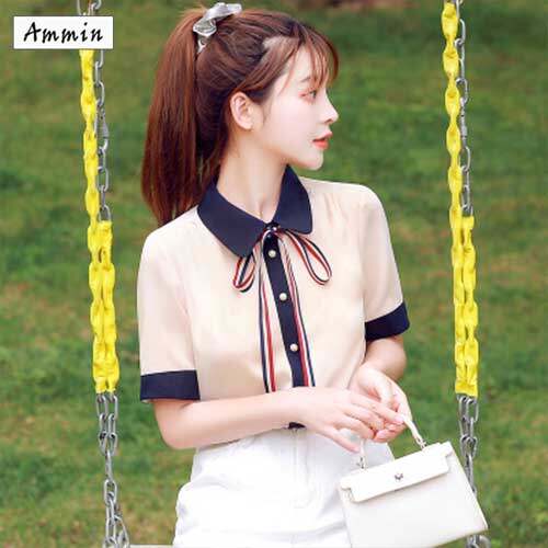 Áo Sơ Mi Có Nơ Mới AMMIN, Áo Voan Nữ Dáng Rộng Áo Ren Nữ Tay Ngắn Mặc Trong, Áo Cánh Thường Ngày