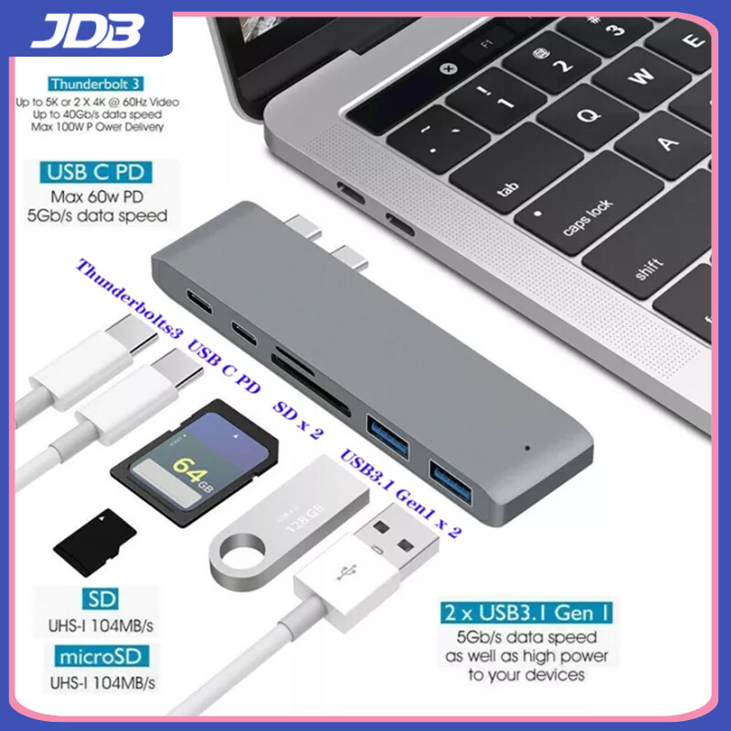JDB Bộ Chia USB Type C Kép Cho MacBook Pro Bộ Chuyển Đổi Trạm Nối USB C 6 Trong 1 Bộ Chuyển Đổi Hub Hỗ Trợ 2 Cổng USB 3.0 Cổng Thẻ SD / TF