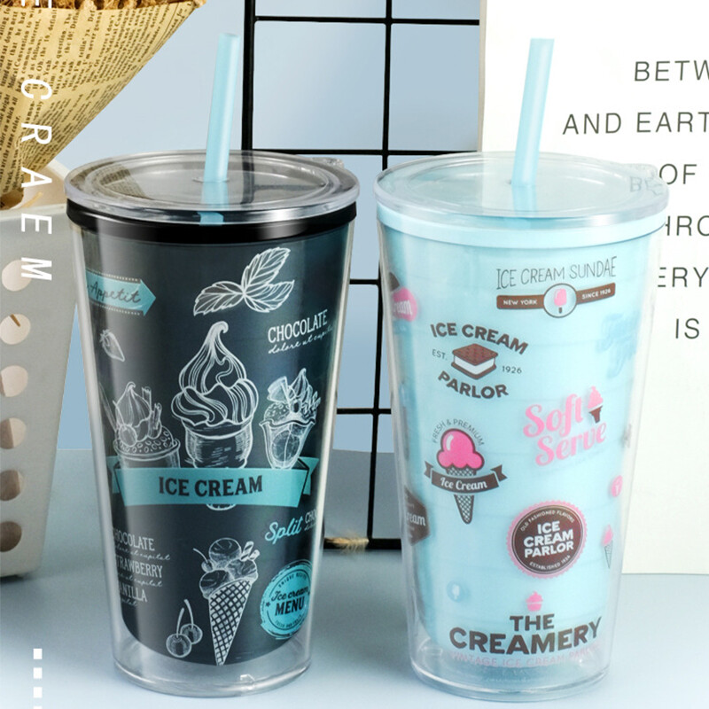 Bình đựng nước kem 600ml bình nước có ống hút dung tích lớn cốc trà cà phê chống bỏng hai lớp cốc cháo sữa nước trái cây không bpa ps cấp tiếp xúc thực phẩm bình đựng nước uống thể thao bình đựng cốc