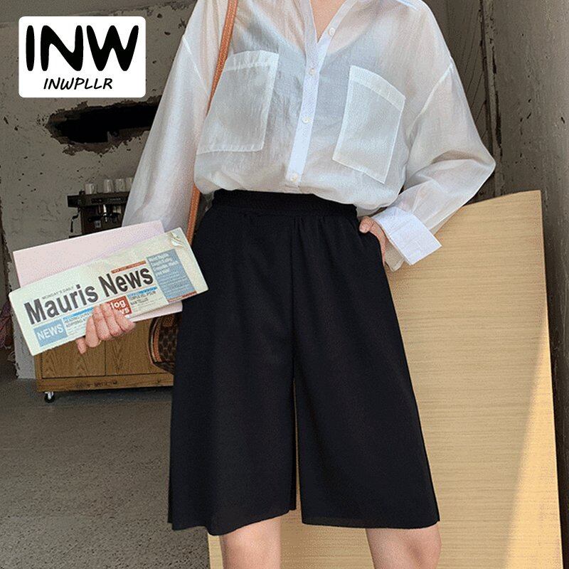 Quần Soóc ỐNg RộNg INWPLLR Cho Nữ, Cỡ Lớn, Màu Trơn, Dáng Rộng, Cạp Cao, Phong Cách Hàn Quốc, Mặc Thường Ngày