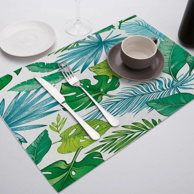 ลายใบไม้เขียว Placemats สำหรับโต๊ะทานอาหารเสื่อใบ Photo แผ่นรองแก้วตกแต่งบ้านร้านอาหารบนโต๊ะอาหารผ้าเช็ดปาก