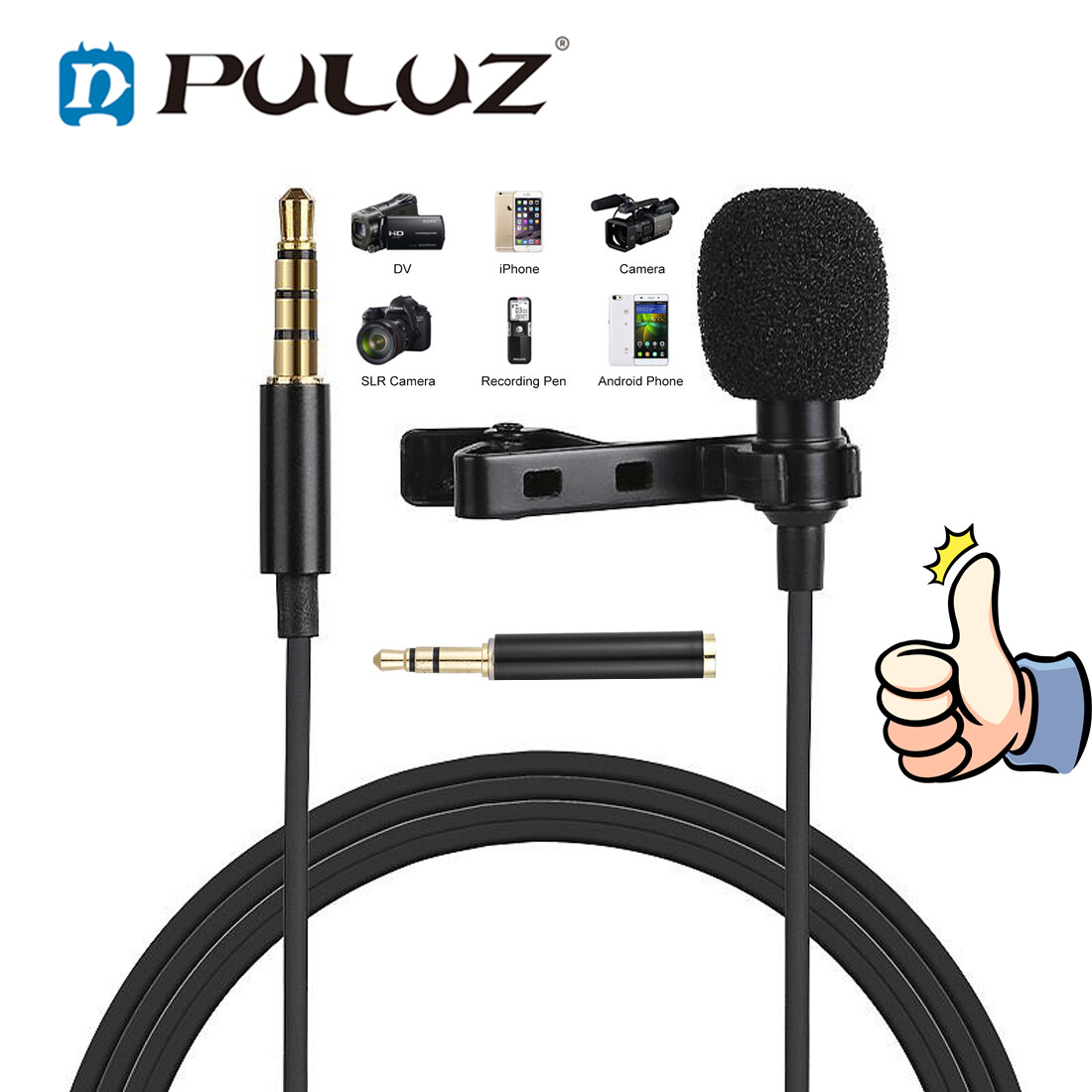 PULUZ 3.5mm Mini Portable Clip-on Lapel Lavalier Condenser Mic Wired Microphone for iPhone iPad Android Smartphone DSLR Camera Computer PC Laptop