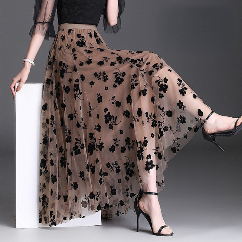  Váy Mỏng Váy Hoa Cổ Tích Cho Nữ Váy Chữ A Xếp Ly Mới Váy Lưới Mỏng Cạp Cao Dài Vừa Phải 