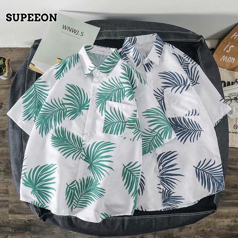 SUPEEON丨Hawaiian flower shirt men's retro Hong Kong-style casual shirt loose Hong Kong style beach vacation floral couple short-sleeved shirt tide ราคา 142 บาท*ส่งฟรี