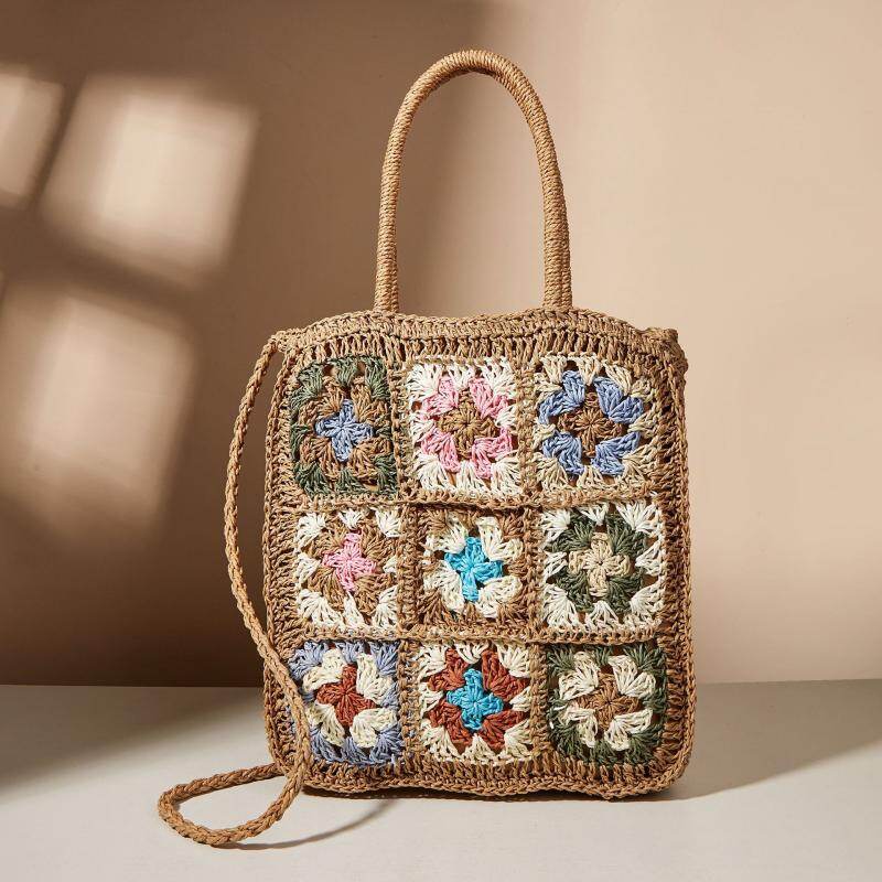 Flower Straw Handbags for Women Multicolor Splicing Shoulder Crossbody Bag Ladies Summer Beach Tote Fashion Basket Bag Purses