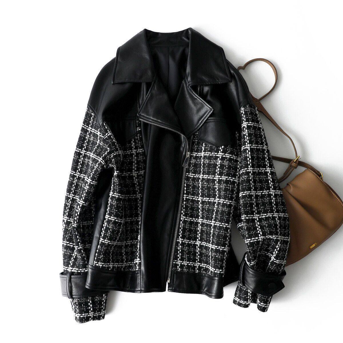 Plaid Stitching Leather Coat Female 2023 New Cashmere Thickened Spring and Autumn PU Leather Casual Coat Outwear for Women
