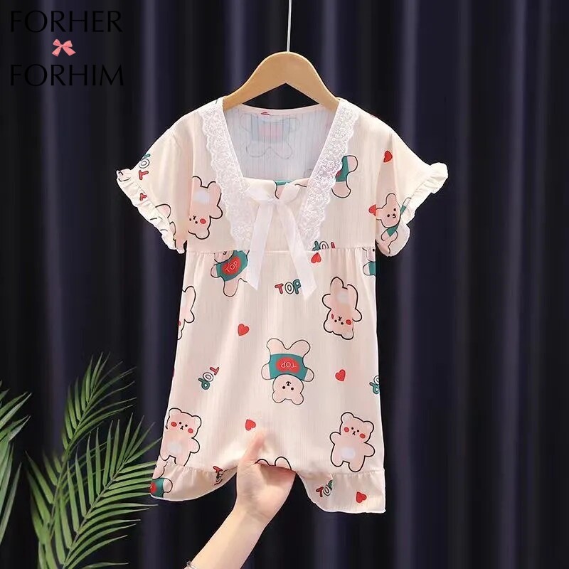 FORHERFORHIM Summer Short Sleeved Children's Nightgown Girls' Nightgown Thin Princess In Big Child Cartoon Home Dress Dress FH3970 ราคา 208 บาท*ส่งฟรี