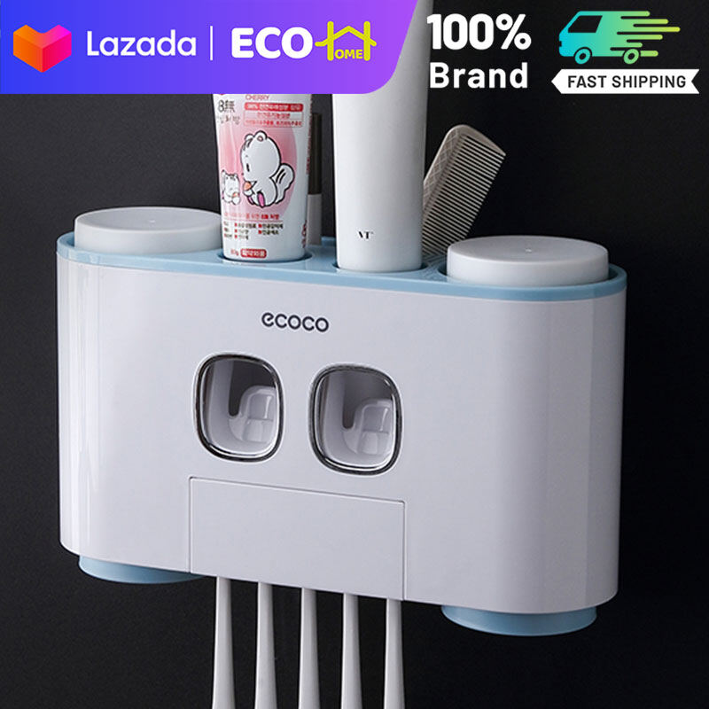 ECO-HOME Máy Ép Kem Đánh Răng Gia Đình Tự Động Hai Vị Trí, 4 Cốc Kem Đánh Răng Bóp Gắn Tường Không Khoan Đục Đa Năng, 4 Cốc Nước Súc Miệng, 5 Giá Đựng Bàn Chải Đánh Răng, Bộ Giá Đựng Bàn Chải Đánh Răng Cho Trẻ Em Và Người Lớn