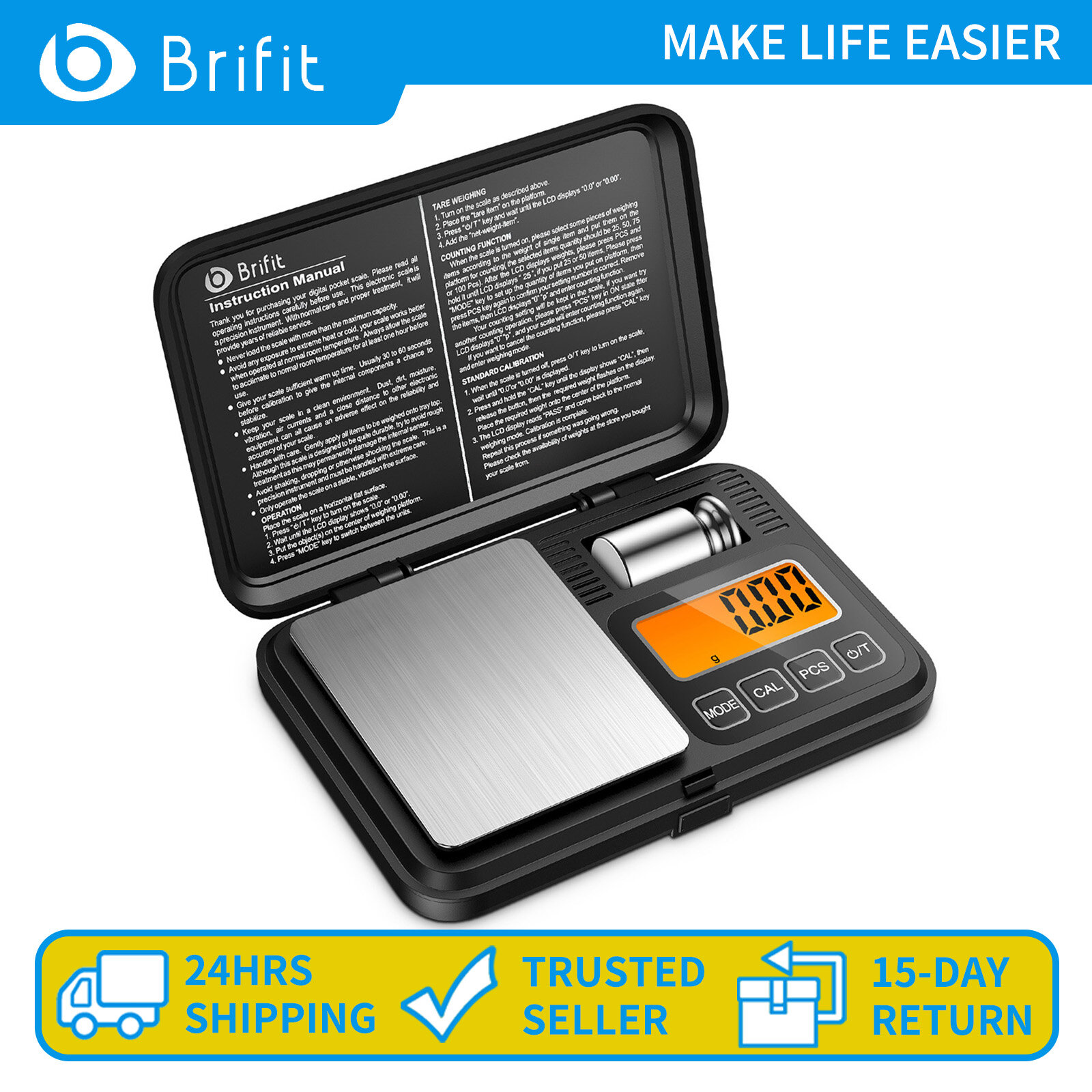 Brifit cân kỹ thuật số cân nhà bếp 200g độ chính xác cao trọng lượng tối đa 0.01g cân bỏ túi mini với trọng lượng hiệu chuẩn, 6 chiếc, chức năng bao bì, thép không gỉ