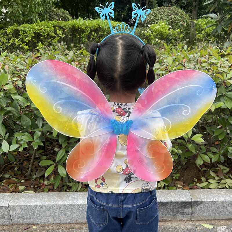 Pickmine 2023 new Rainbow Butterfly Wings with Headband and Wand for Kids Girls, Angel Wing Fairy Wings Halloween Costume Birthday Party Favors