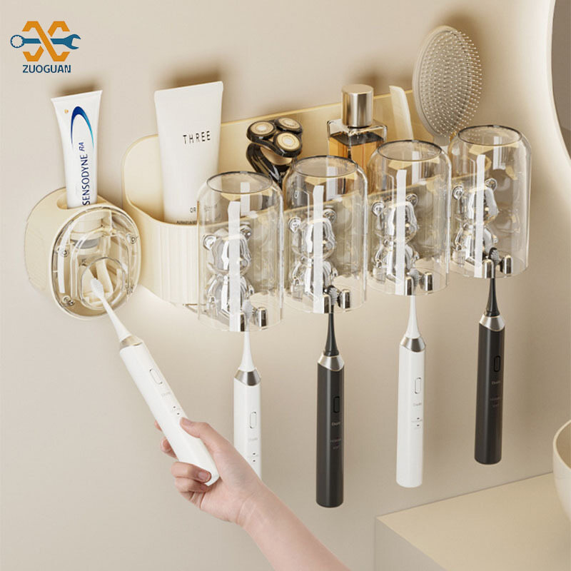 ZUOGUAN Phòng tắm lưu trữ Bàn chải đánh răng kệ không đấm phòng tắm cốc nước súc miệng giá để bàn chải đánh răng nhà vệ sinh Kem đánh răng tự động ép