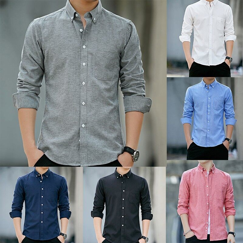 Áo sơ mi nam áo sơ mi đơn giản tay dài dáng ôm áo sơ mi nam baju kemeja lelaki