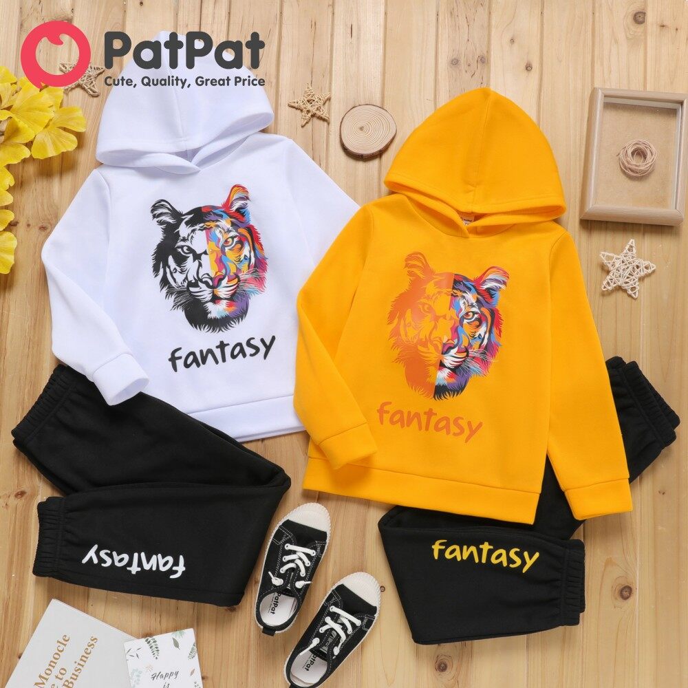  PatPat Kid Bộ Quần Áo 2 Món Cho Bé Trai Bộ Áo Nỉ Và Quần Có Mũ Lót Lông Cừu In Chữ Động Vật 