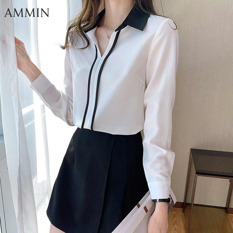 Áo Kiểu AMMIN Dài Tay Cổ Chữ V Cho Nữ, Áo Thun Màu Tương Phản Chui Đầu Thời Trang Hàn Quốc Kiểu Áo Voan Tiểu Thư Phóng Túng Đơn Giản