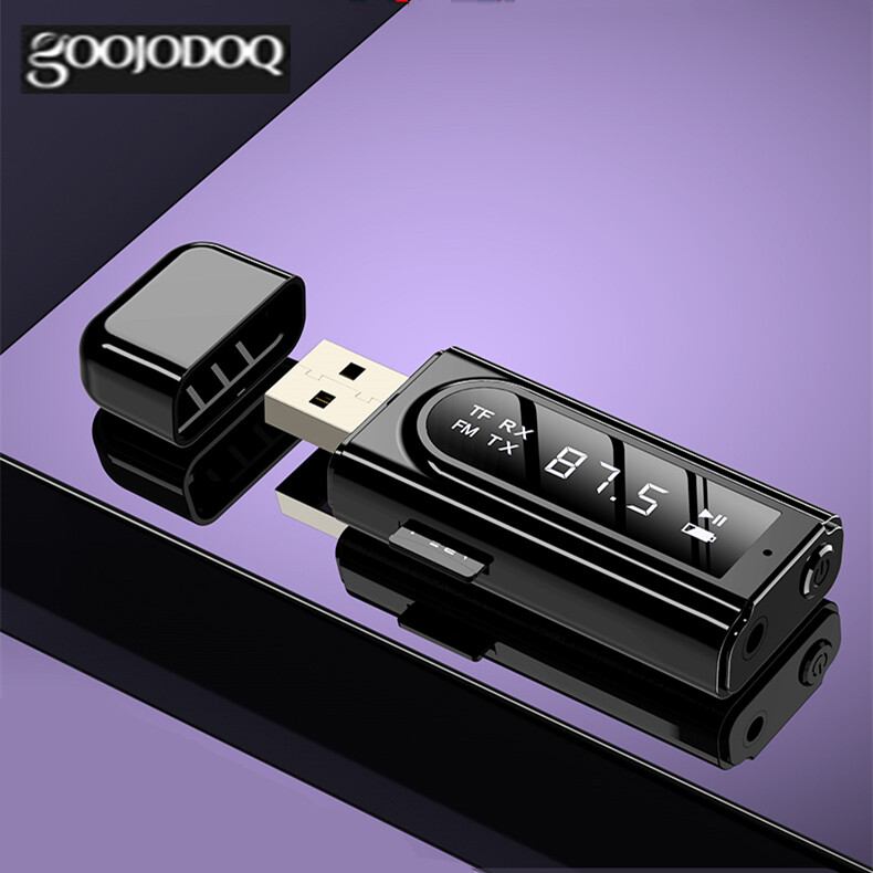 GOOJODOQ 2 In 1 Bluetooth Adapter USB Car FM Bluetooth Receiver Mp3 Playback Aux Audio Dual Output Stereo Transmitter Adapter 5.0 Digital Screen ราคา 309 บาท*ส่งฟรี