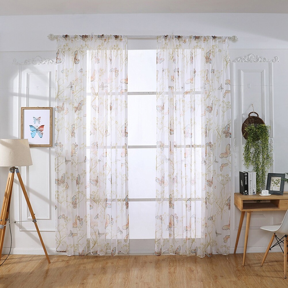 Rèm Cửa Sổ In Hình Bướm Rèm Vải Voan Mỏng Trang Trí Phòng Ngủ Phòng Khách Window Curtains