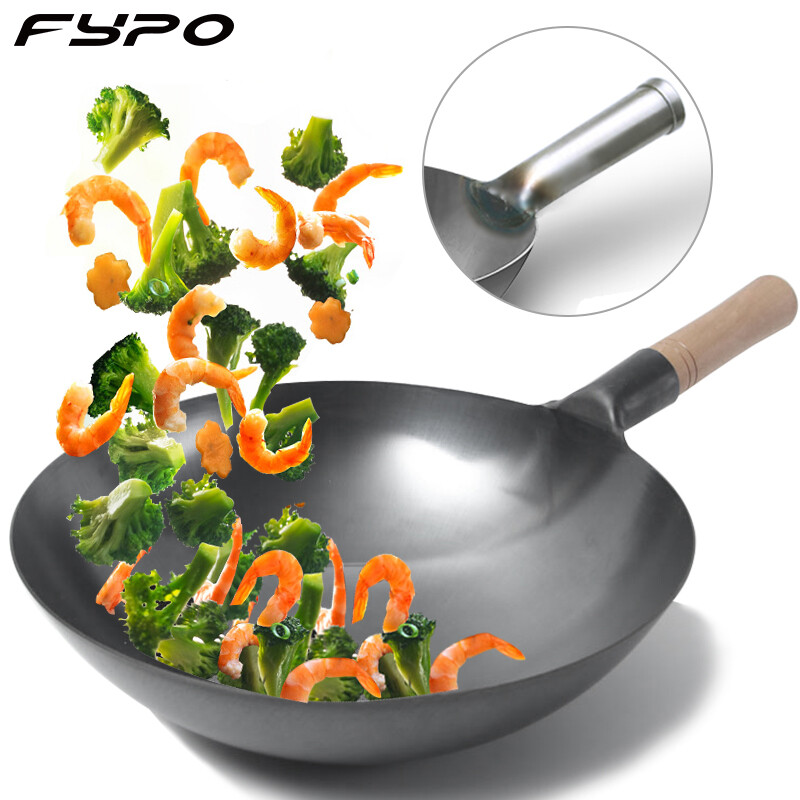 Fypo Chảo Sắt Thủ Công Có Tay Cầm Bằng Gỗ Chảo Sắt Dày Đáy Tròn Truyền Thống Trung Quốc Chảo Sắt Không Tráng Bếp Ga Dụng Cụ Nấu Ăn Nhà Bếp Chảo Xào