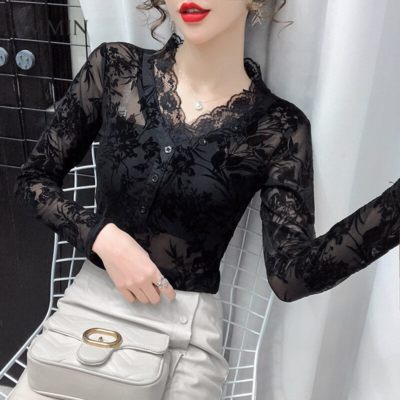 Áo Sơ Mi Ren Cổ Chữ V Dài Tay AMMIN Đối Với Phụ Nữ Áo Ren Phong Cách Phương Tây Thường Ngày Thời Trang Áo Cánh Ren Nữ