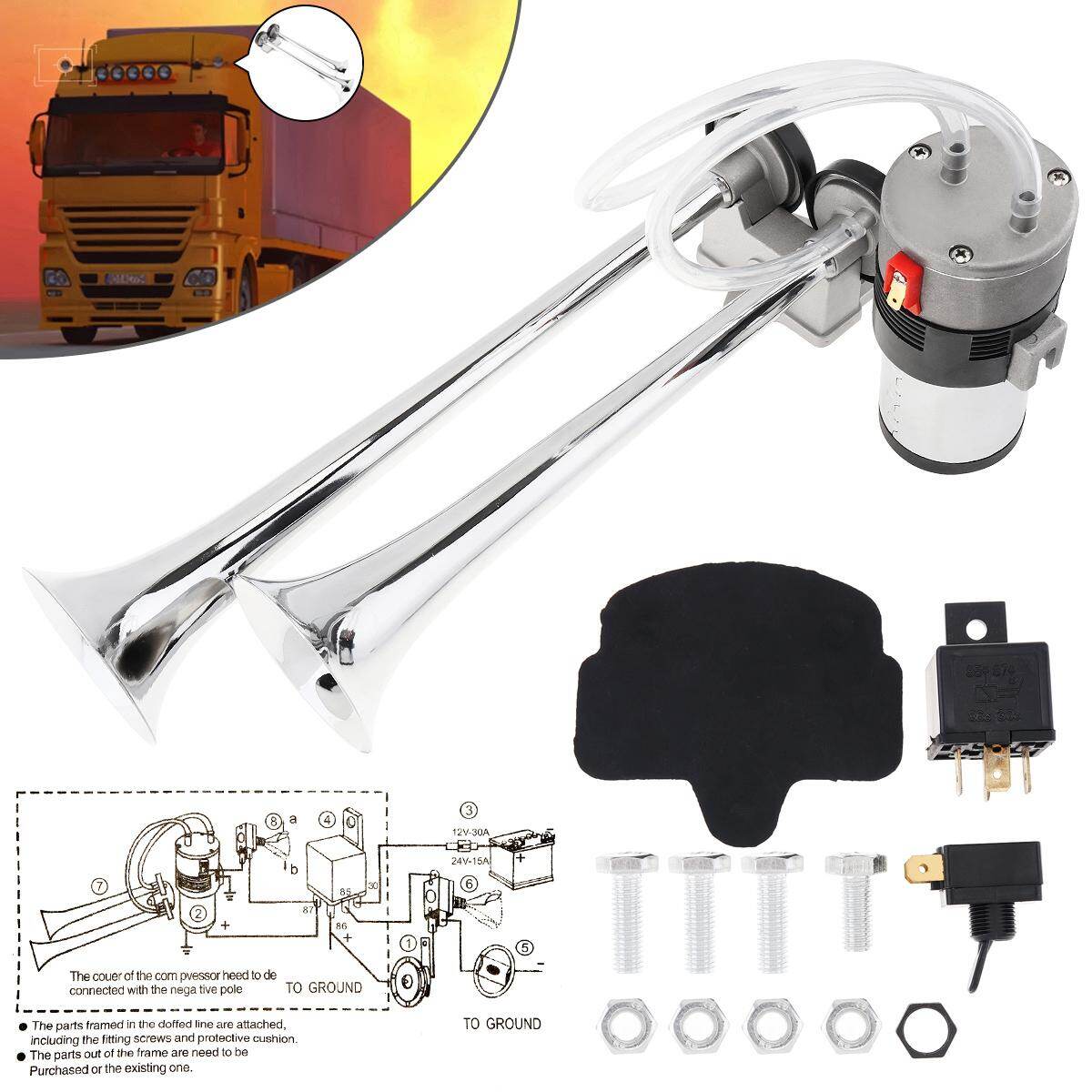  Bộ Còi Hơi Xe Hơi Siêu To Âm Kép 118dB 12V Máy Nén Kèn Trumpet Hạng Nặng Cho Ô Tô Xe Máy Thuyền Xe Tải 