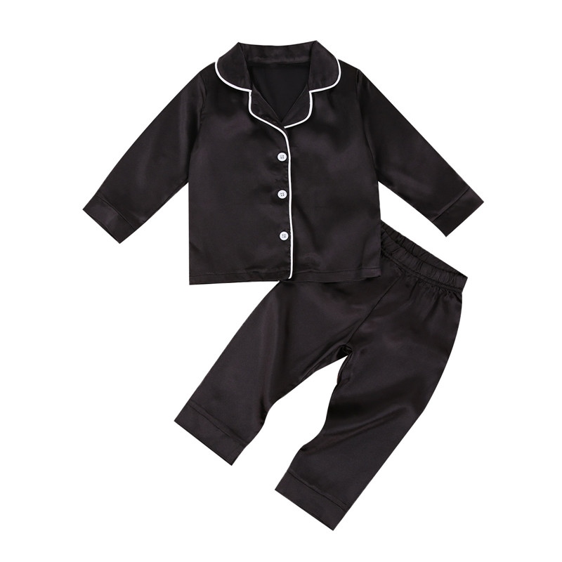 【Hot Sale】 Baby Boy Black Satin Silk Pajama Sets Sleepwear Long Sleeve Top Pants 1-7Y ToddlerChildren SummerCasual Nightshirt ราคา  496 บาท*ส่งฟรี