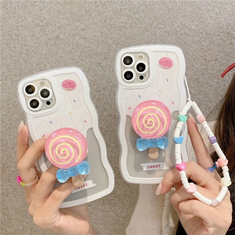 Phone Bracket+Casing for iPhone 14 13 12 11 Pro Max 12 X XR Xs Max 8 7 6 6s 14 Plus SE 2020 Ins High Quality Fashion Wave Border Cartoon Lollipop Ice Cream Beautiful Chain Silicone Protective Cover🌈Ready Stock🌟