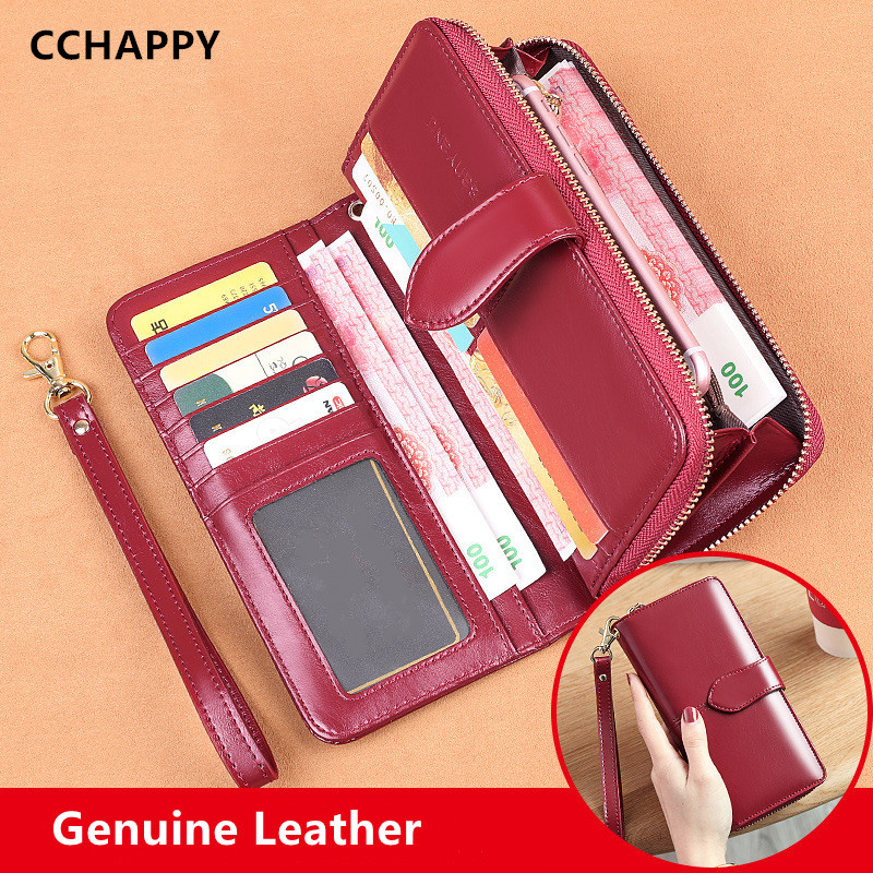 Cchappy ví dài bằng da thật cho nữ ví hóa đơn da bò có khóa kéo sức chứa lớn ví đựng thẻ