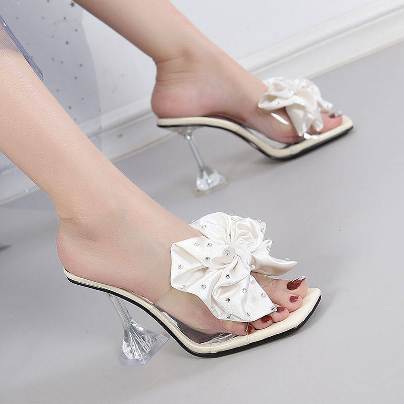 Dép lê cao gót đính pha lê thắt nơ bướm đính đá giày cao gót trong suốt cho tiệc cưới giày chính thức cho nữ 621