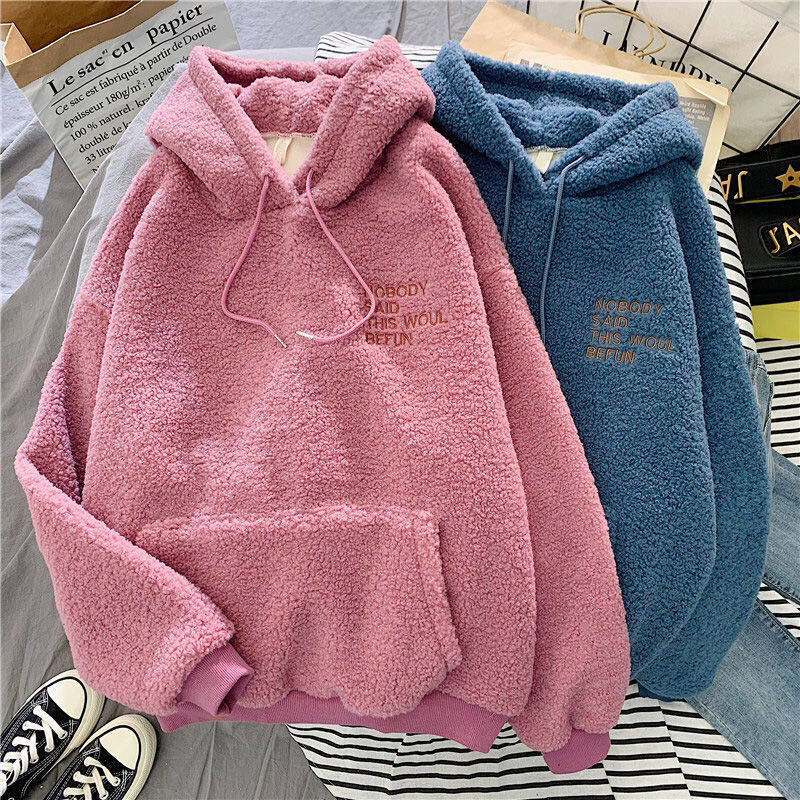 Áo Len Nữ Xu Hướng Phong Cách Hàn Quốc Dáng Rộng Bf Lười Mùa Thu Và Dày Lót Nhung Mùa Đông Áo Khoác Có Mũ