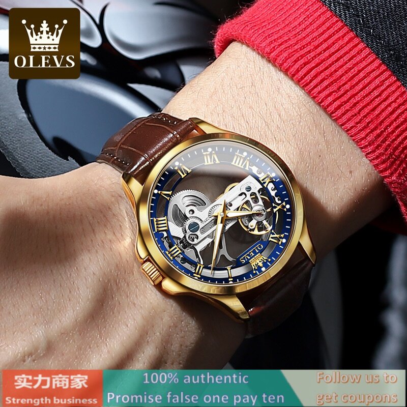 Olevs ND 6661 (100 chính hãng + Hộp gốc) Tự động đồng hồ cơ thời trang sinh viên rỗng đồng hồ da Nam Đồng hồ cơ