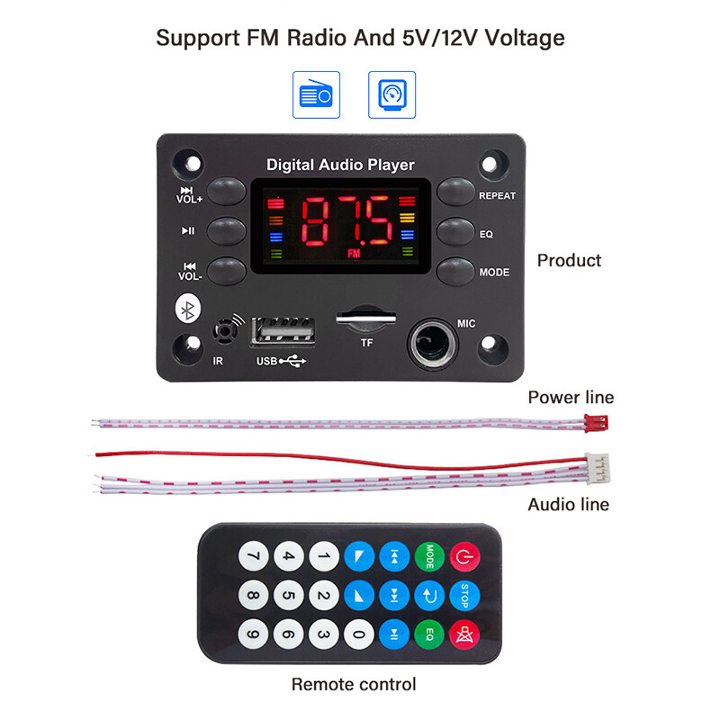 Bluetooth 5.0 mp3 giải mã giải mã mô-đun 5v 12v usb xe hơi mp3 máy nghe nhạc wma wav khe cắm thẻ tf usb fm điều mô-đun bảng mạch từ xa